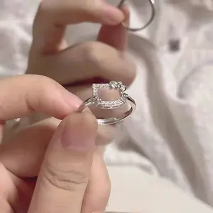 New Bạc Màu Hollow Kitty Mèo Đầy Đủ Rhinestone Nhẫn Cho Phụ Nữ Cô Gái Đồ Trang Sức Mở Có Thể Điều Chỉnh Nhẫn Phụ Kiện