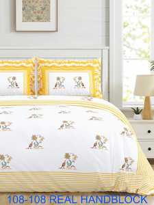 Cotton Hand Block Print Bedsheet | Floral Leaf Design <b>King</b> <b>Size</b> Bed <b>Sheet</b> with Pillow Covers - Product Image 1