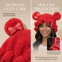 SOLPOP Bonnet en peluche à oreilles de chat rouges, doublure en satin, bonnet de nuit en sherpa pour femme, cadeau pour l'hiver et les soins capillaires