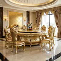 Ensemble de table à manger en marbre de luxe européen, sculpté à la main, en bois massif, finition dorée, chaises en cuir avec plateau tournant Lazy Susan, vente en gros