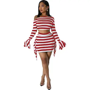 High Quality Autumn Diagonal Shoulder Flare Long Sleeve Stripe Crop Top Side Package Hip Mini Skirt Set 2 Piece Set For Women