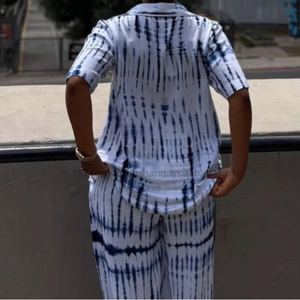 Women's <b>Tie</b>-<b>Dye</b> 2 Piece <b>Set</b> Short Sleeve Button-Down Shirt & Wide Leg Pants Casual Outfit Fashion - Product Image 5