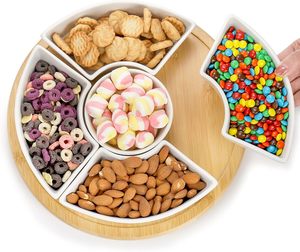 <span class=keywords><strong>Plateau</strong></span> rond en bois bambou <span class=keywords><strong>fromage</strong></span> Snack petit déjeuner salade Dessert <span class=keywords><strong>plateau</strong></span> de fruits avec assiette en céramique amovible bol plats - Product Image 2