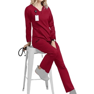 Women Scrub Set Long Sleeve V Neck Elastic Lightweight Moisture Wicking Hospital Uniform Split Set For Medical Dental Work - Product Image 2