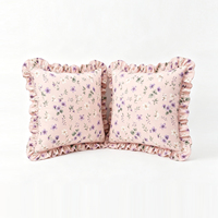 Housse de coussin décorative 100 % coton, imprimé floral rose poudré et violet, à volants, pour canapé, chambre, décoration intérieure, vente en gros