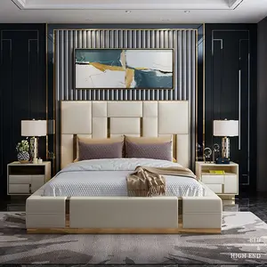 Итальянская легкая роскошная кровать для главной спальни INS сетка Красная атмосфера кожа Нержавеющая сталь декор King Queen размер двойной диван-кровать