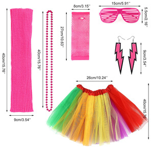 Conjunto de Disfraz de Mujer para Fiesta Neón de los 80: Falda de Malla Arcoíris, Calentadores de Piernas Fucsia, Gafas y Pendientes de Cuentas - Product Image 4