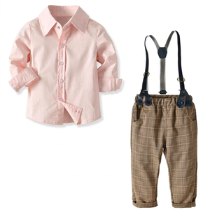Ensemble Chemise à Nœud Papillon et Pantalon à Bretelles pour Bébé Garçon, Motif à Carreaux, 2 Pièces, 100% Coton, Décontracté, Confortable, Couleur et Taille Personnalisables, Printemps - Product Image 1
