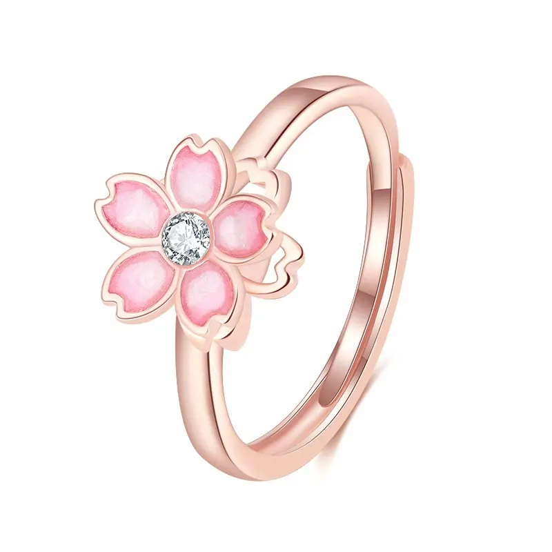 Anel de dedo ajustável 925 prata esterlina zircão esmalte flor para mulheres, joia de casamento fina flor de cerejeira
