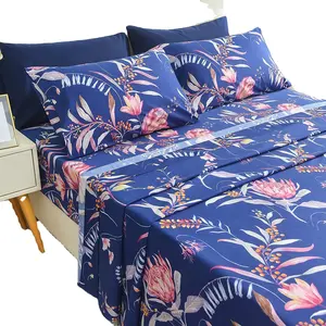 Lençol de cama estampado floral, conjunto de 4 peças de lençol de microfibra