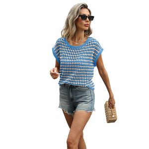 Haut tricoté décontracté pour femme, col rond, rayé, ample, respirant, fin, tricot plat, tendance estivale - Product Image 3