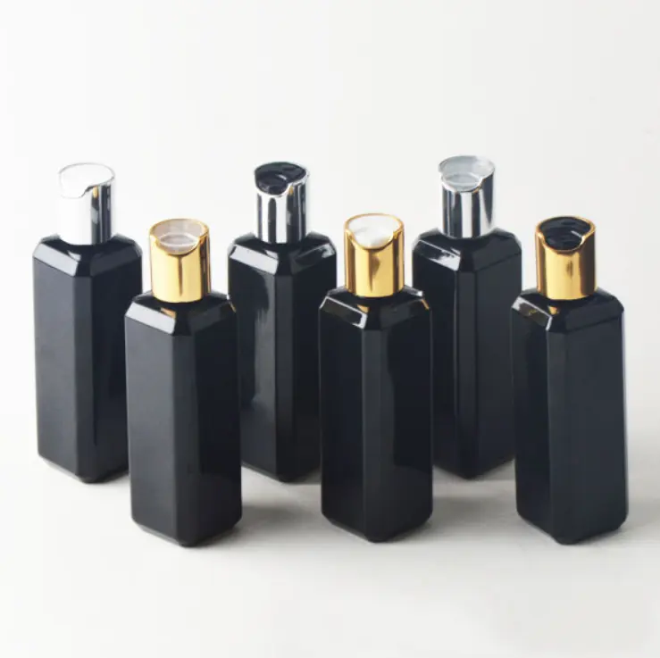 100ml PET plastic square black skincare beauty care shampoo cosmetic lotion toner bottle with gold and silver press cap