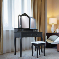 Meubles de vanité noire à trois volets de style moderne de luxe ensemble de commode de maquillage stockage en bois chambre coiffeuse chaise pour hôtel