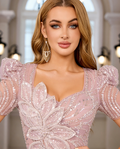 Abito da Sera Lusso <span class=keywords><strong>Donna</strong></span> Rosa Antico con Paillettes, Stile Sirena, Inserti in Rete Trasparente, Scollo a V, Lunghezza al Pavimento, per <span class=keywords><strong>Damigella</strong></span> d'Onore - Product Image 1