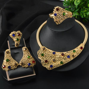 Ensemble de bijoux de mariage pour mariée, plaqué or 18 carats, en laiton, avec zircon, collier, bracelet, bague, boucles d'oreilles - Product Image 1