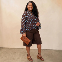 Ensemble décontracté XL-5XL pour femme, grande taille, chemisier en mousseline à pois avec col noué et ourlet à volants, manches longues et short longueur genou, vente en gros