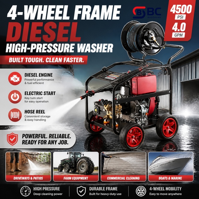 8-14HP 130-210 bar 12-19L/min 4-Wheel Frame Diesel-Powered High-Pressure Washer, Electric Start