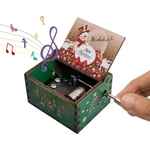 Groothandel Goede Prijs Vrolijk Kerstfeest Thema Muziekdoos Houten Hand Cranked Mini Size Hout Goedkoop Cadeau Kerst Muziekdoos