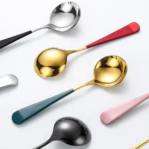 Cucharas de acero inoxidable chapadas en oro de estilo coreano, redondas de Metal, para sopa, Ramen, postre, novedad