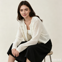 Cardigan blanc ajouré en tricot pour femme, broderie florale, devant ouvert, manches longues, coupe courte, veste décontractée en tricot, pull, manteau