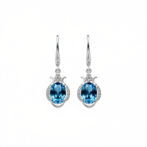 Orecchini pendenti classici placcati in argento con pietra ovale di topazio blu incastonata a castone per donna, gioielli da festa, orecchini alla moda - Product Image 1