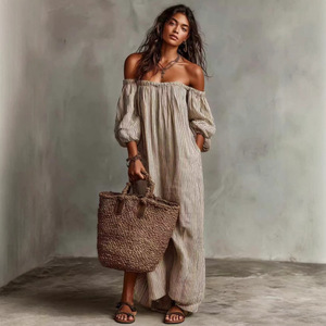 Elegante Vestito Estivo da Donna con Spalle Scoperte, <span class=keywords><strong>a</strong></span> <span class=keywords><strong>Righe</strong></span>, Maniche <span class=keywords><strong>a</strong></span> Lanterna, Sexy, Senza Schienale, <span class=keywords><strong>in</strong></span> <span class=keywords><strong>Lino</strong></span>, <span class=keywords><strong>Abito</strong></span> da Sera Casual - Product Image 3