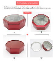 Boîte de rangement octogonale en métal scellable rouge vif avec couvercle transparent, multi-compartiments, pour collations, bibelots, organisateur de bureau ou de cadeaux