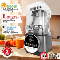 Zware, snelle commerciële blender met 5+ snelheden, programmeerbare functies, roestvrijstalen messen, laag geluidsniveau, geluidsisolerend, huishoudelijk gebruik