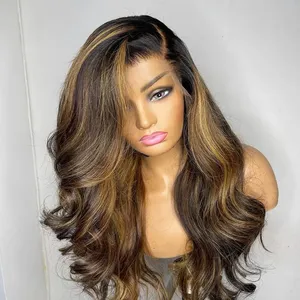 Unprocessed Indian Raw Human Hair Mixed Color Three Part Pre Plucked Body Wave Transparent Full Lace Wigs