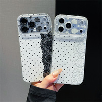 Coque de téléphone de luxe à pois noirs et blancs avec dentelle florale et grande fenêtre, ornée de strass, pour iPhone 17, 18 Pro Max, 16, 15