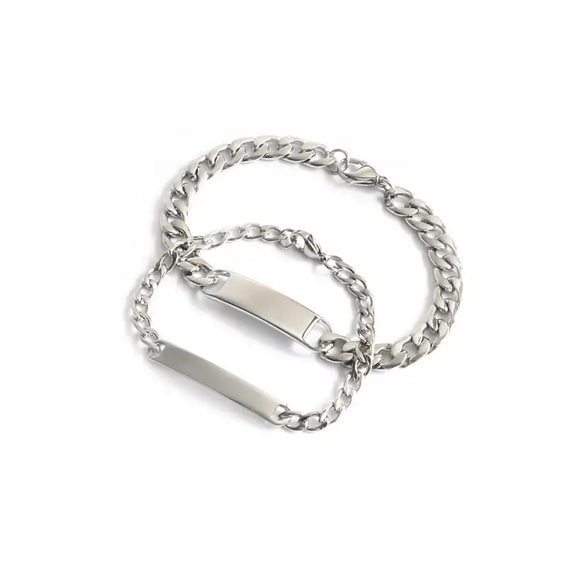 simple design stainless steel custom engrave name plate silver chain bracelet couple bracelet