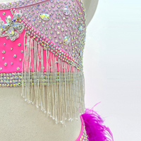 Traje de Baile de Jazz Color Fucsia para Niñas, Dos Piezas con Cuello Halter, Traje Latino Brillante con Flecos y Plumas, Spandex/Nailon