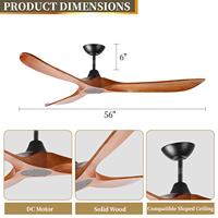 Ventilateur de plafond décoratif électrique 56 pouces en bois massif à 3 pales, moteur DC, télécommande, ventilateur de refroidissement sans lumière LED