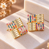 Boucles d'oreilles clous carrées rayées multicolores en laiton plaqué or 18 carats avec zircone cubique, bijoux de mode pour femmes, vente en gros, OEM personnalisé