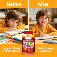 Permen Kunyah Pektin Vegetarian Formula Omega + DHA untuk Anak, Rasa Buah Bebas Gluten, Suplemen Diet Anak, Laris Manis, OEM
