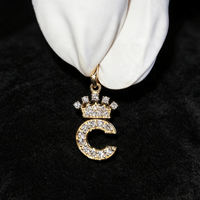 Pendentif Lettre C Couronne 15MM en Or 18K Sertie de Diamants Véritables, Breloque Initiale Alphabet, Bijoux Hip Hop de Luxe pour Hommes et Femmes, Cadeau de Fête