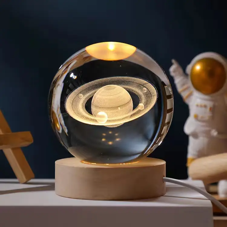 3D Solar System Galaxy Engraved 3d Laser Crystal Ball with LED Lighting wood Base