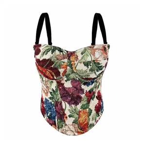 Corset sexy en dentelle pour femme, crop top à épaules dénudées, style bustier vintage à imprimé floral, avec baleines et bordure en dentelle, à nouer, petite série - Product Image 3