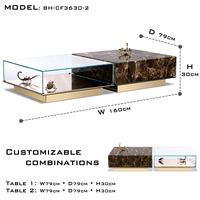 Table basse de luxe « Metamorphosis » avec boîte en verre, scorpions et coléoptères plaqués or, base en marbre et laiton