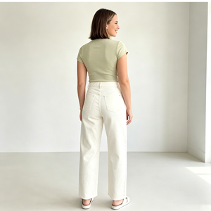 Jeans a Vita Alta e Gamba Larga per <span class=keywords><strong>Donna</strong></span>, Bianco Crema, <span class=keywords><strong>Pantaloni</strong></span> in Denim Elasticizzato Cropped e Baggy, Produzione all'Ingrosso - Product Image 2