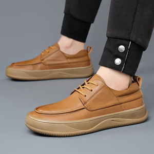 Chaussures décontractées en cuir à lacets pour hommes, marron, talon bas, couleur unie, style bateau, lacets avant, semelle adhésive, style jeune - Product Image 3