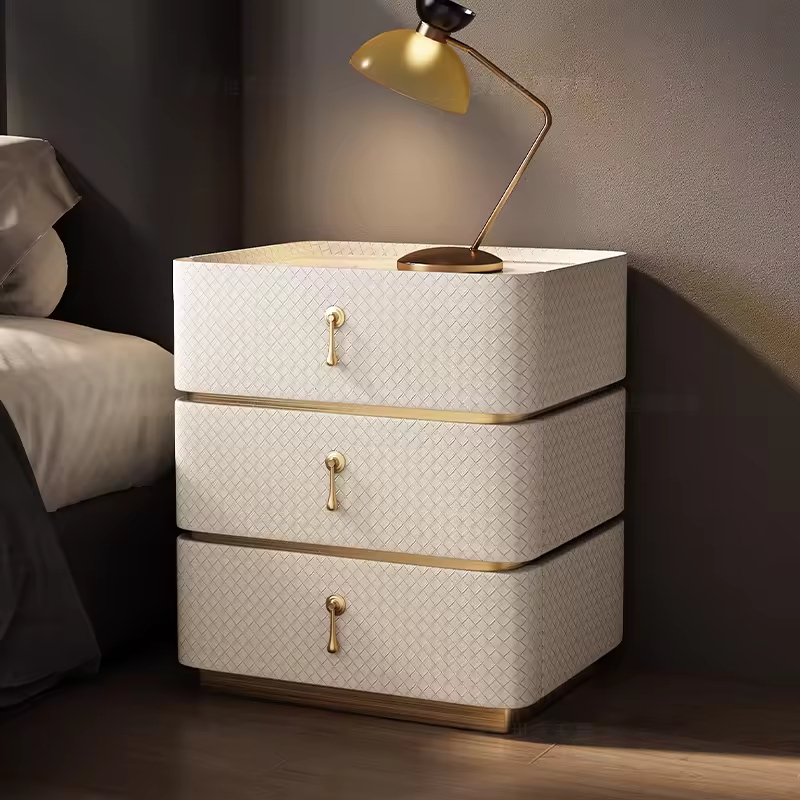 Luxury Leather Bedside Table with Stone Top – High-End Wooden 3-Drawer Nightstand for Bedroom Storage & Modern Home Furniture - View 2