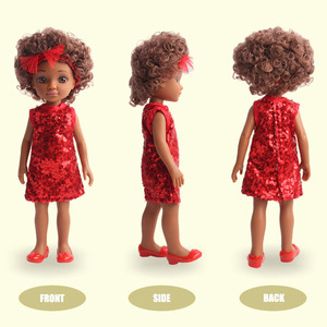 Poupées en vinyle PVC personnalisées de 13 pouces, entièrement en vinyle noir, avec cheveux courts bouclés, jupe courte rouge brillante et chaussures rouges, pour que les filles puissent jouer. - Product Image 2
