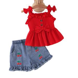 I vestiti per bambini indossano <span class=keywords><strong>pantaloncini</strong></span> con volant in Denim rosso senza maniche 2 pezzi set di abbigliamento per neonata - Product Image 5