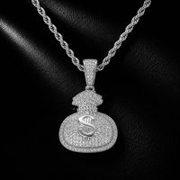 Collier pendentif sac d'argent Hip Hop en laiton micro-pavé incrusté de zircon, signe dollar pour homme, style rappeur