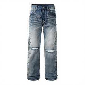 Jeans de Mezclilla Desgastados para Hombre, Corte Recto, Cintura Alta, Decorados con Remaches, Estilo Punk, Pantalones Casuales de Primavera - Product Image 2