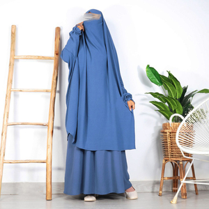 Jilbab a Due Pezzi con Gonna Khimar Abbigliamento Islamico Musulmano Abaya da Preghiera in Crepe con Polsini Arricciati e Lacci per le Dita - Product Image 1