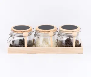 CCP363W-6/3W 3pcs set 500ml glass food sealed glass salt pepper canister storage jar with wooden lid and spoon and stand
