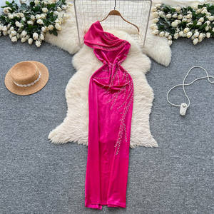 <span class=keywords><strong>Abito</strong></span> estivo elegante monospalla tunica <span class=keywords><strong>abito</strong></span> <span class=keywords><strong>Midi</strong></span> Casual da donna stile impero Patchwork di <span class=keywords><strong>velluto</strong></span> arruffato Vestidos - Product Image 3