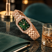Reloj de Pulsera de Cuarzo para Mujer, Diseño de Lujo Ligero, Esfera Rectangular Verde con Diseño de Cielo Estrellado, Correa de Aleación Impermeable, Espejo de Cristal